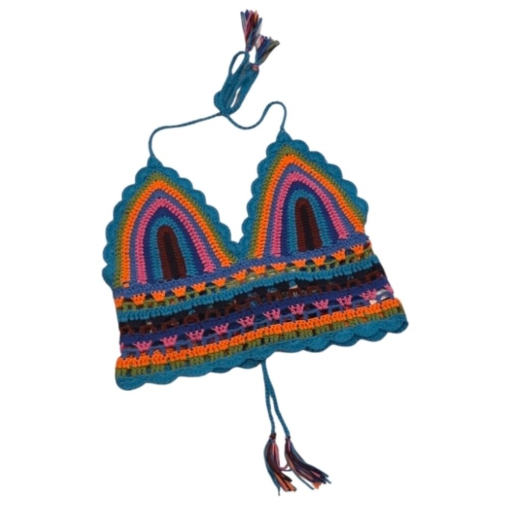 Bestto Boho Festival Crop Top Halter Bralette Size M L Rainbow Tassels